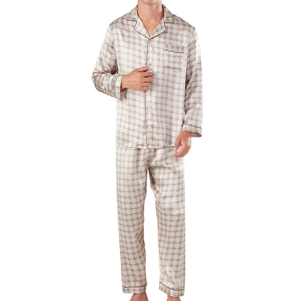 Men's 19MM 100% Pure Mulberry Silk Pajamas Set Long Sleeves Silk Sleepwear S~3XL