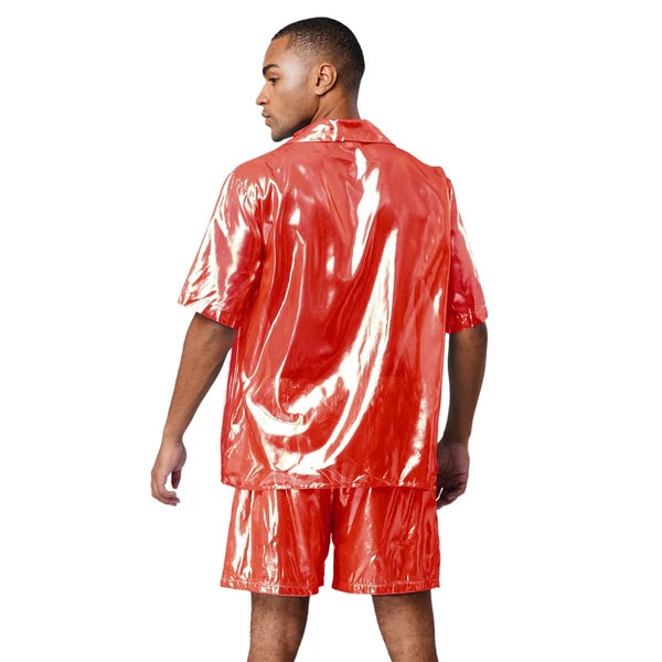 Men Shiny Glossy See-Through Metallic Chiffon Jumpsuit Bodysuit /Pajama Set