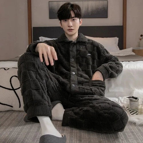 2Pcs/set Men's Pajamas Autumn Winter Padded Long-sleeved Trousers Coral Fleece