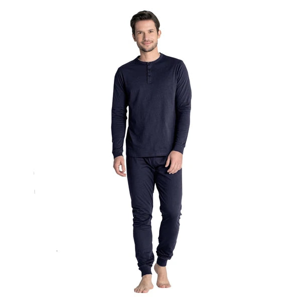 Mens Henley Tops Pyjamas Sets PJ's Nightwear Loungewear Button Up Long Sleeve