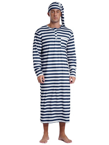 Men's Pajamas Set Long Sleeve Striped Robe Round Neck Loose Sleepwear with Hat