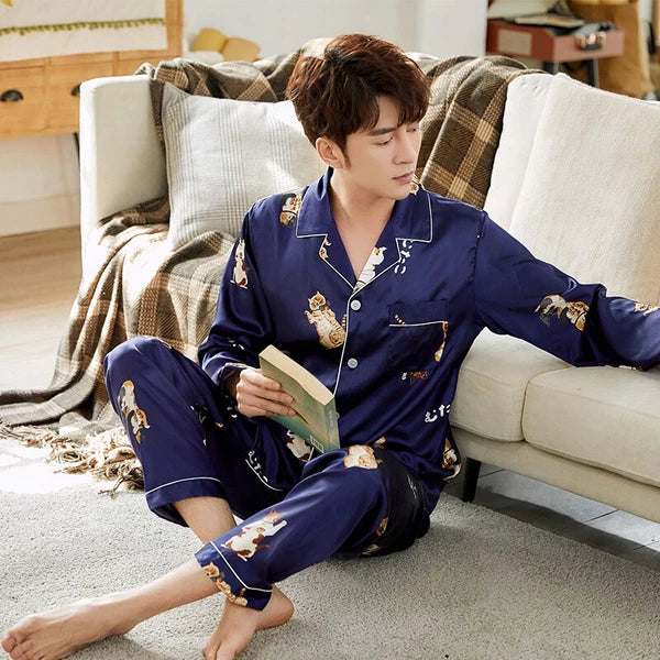 Men's Long Sleeve Satin Pajamas Set Luxury Button Down Pajama Pants Home Clothe
