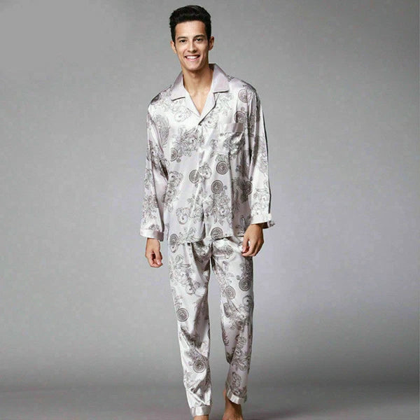 Men Satin Faux Silk Pyjama Set Sleeping Nightwear Asian Dragon Night Gown Outfit