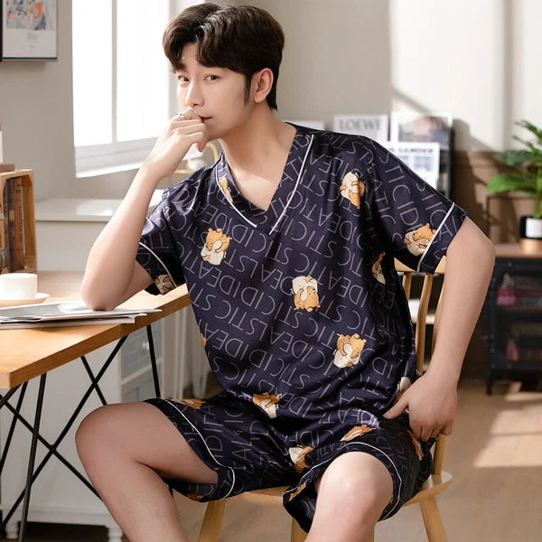 Short Sleeve Sleepwear Pjs Loungewear Pyjamas Charm Men's Silk Satin Pajamas Set