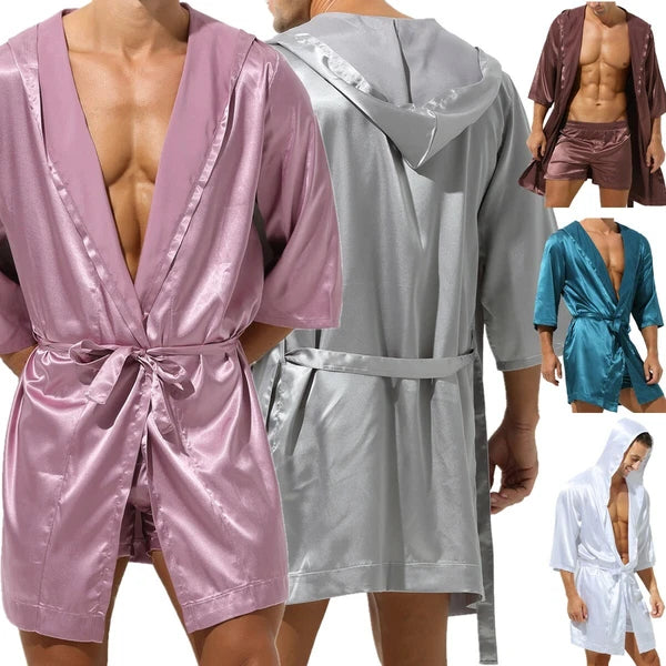 Mens Pajamas Set Night Sleep Robes Silk Satin Nightgown Bathrobe Shorts Homewear