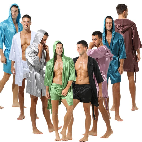 Mens Pajamas Set Night Sleep Robes Silk Satin Nightgown Bathrobe Shorts Homewear