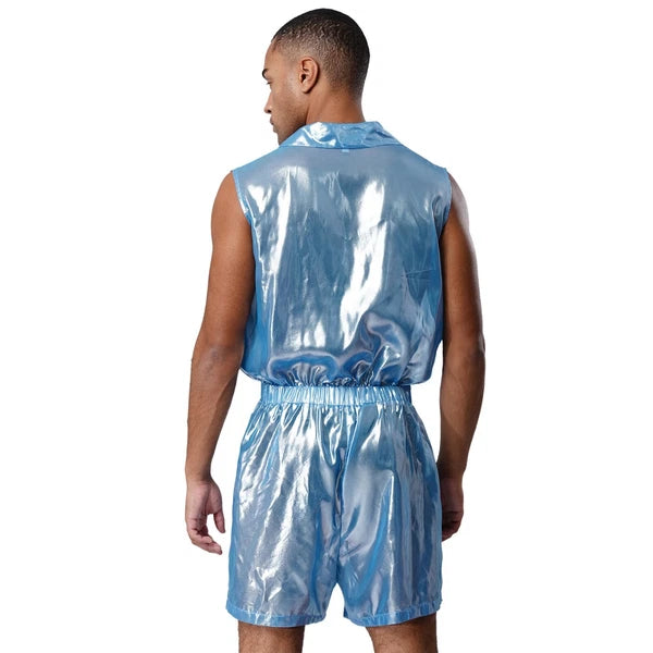 Men Shiny Glossy See-Through Metallic Chiffon Jumpsuit Bodysuit /Pajama Set