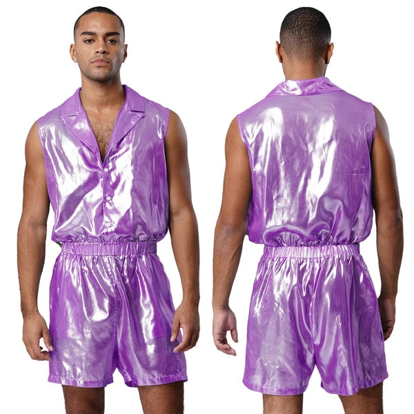 Men Shiny Glossy See-Through Metallic Chiffon Jumpsuit Bodysuit /Pajama Set