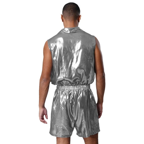 Men Shiny Glossy See-Through Metallic Chiffon Jumpsuit Bodysuit /Pajama Set