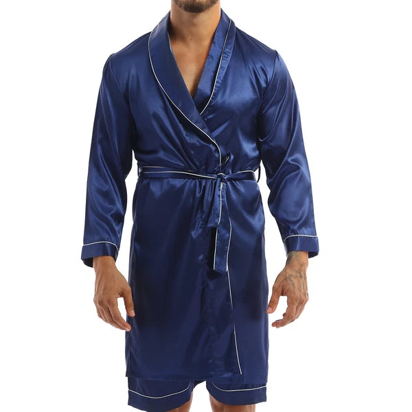 Men Silk Satin Pajamas Set Shirt Top Shorts Pants Long Robe Sleepwear Nightwear
