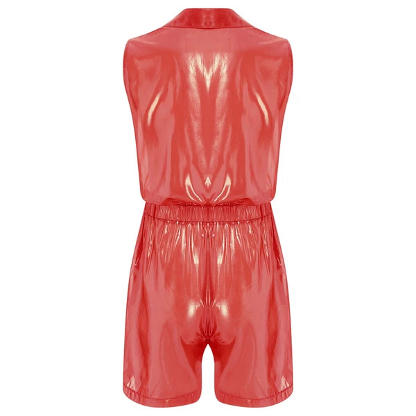 Men Shiny Glossy See-Through Metallic Chiffon Jumpsuit Bodysuit /Pajama Set