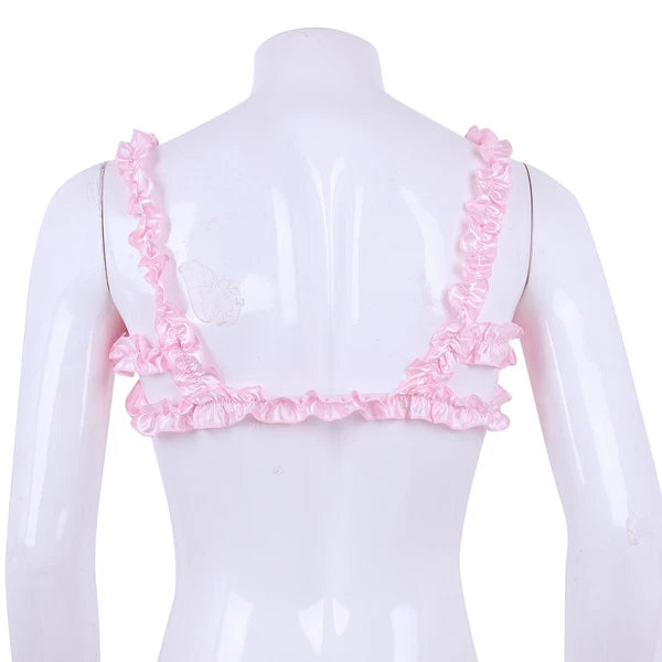 Men Ruffled Lingerie Set Cami Straps Bandeau Bra Thong 2Pcs Crossdresser Pajamas