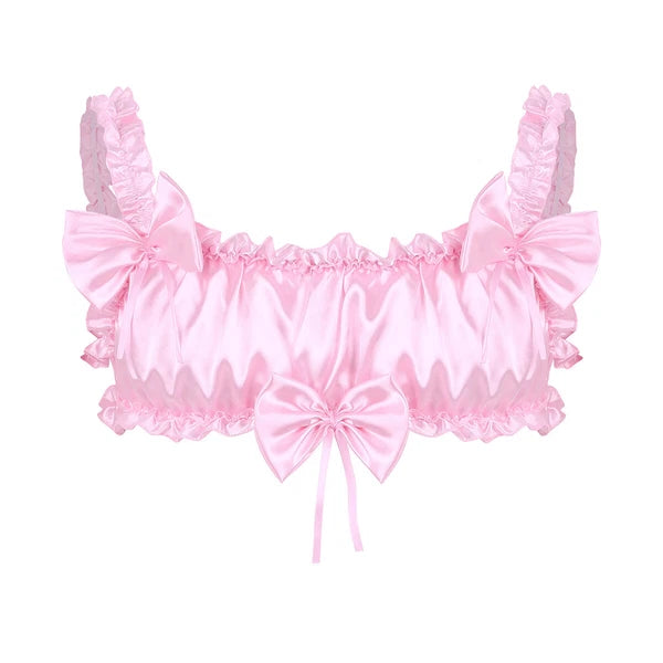 Men Ruffled Lingerie Set Cami Straps Bandeau Bra Thong 2Pcs Crossdresser Pajamas