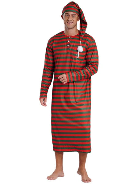 Men's Pajamas Set Long Sleeve Striped Robe Round Neck Loose Sleepwear with Hat