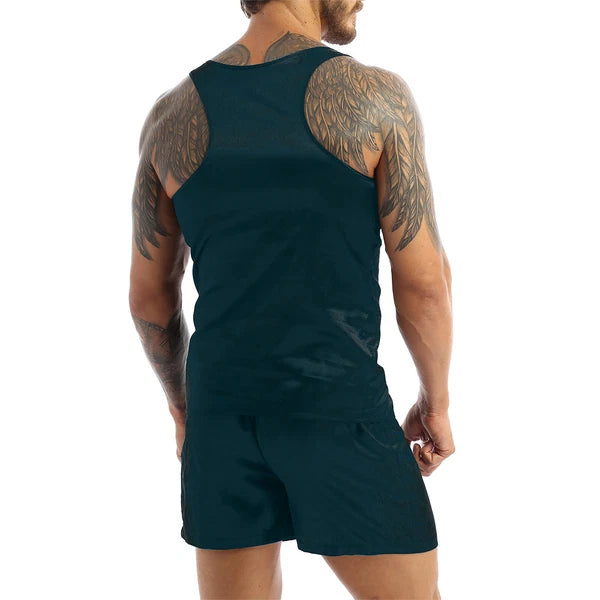 Men's Satin Pajamas Set Soft Silky Loungewear Nightwear Shirts Top with Shorts