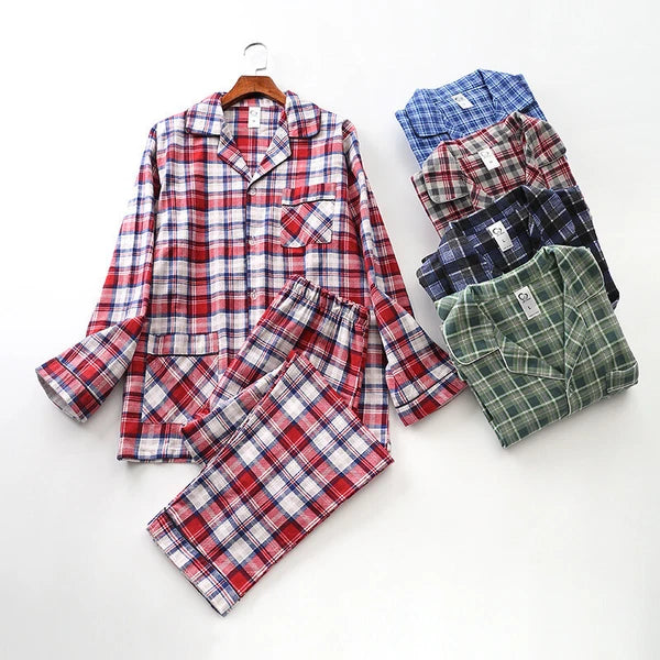 Men 100% Cotton Pajamas Set Long Sleeve Pjs Button Soft Pants Sleepwear Lounger
