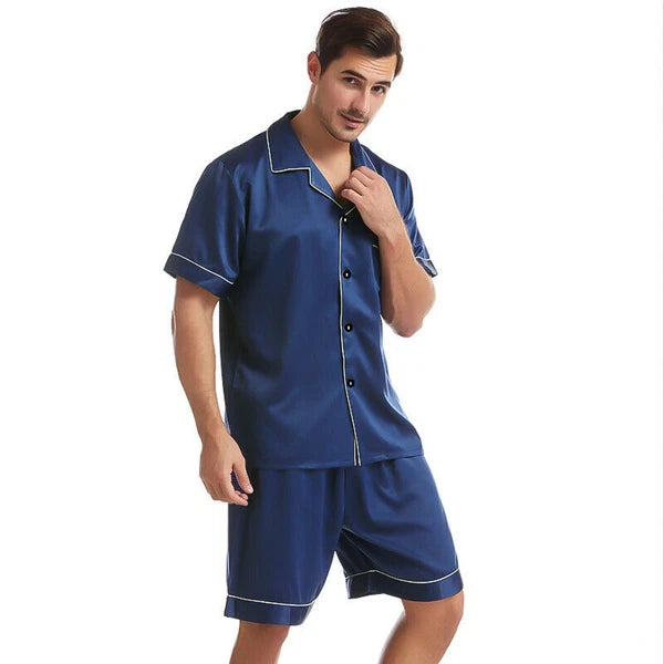 Mens Silk Satin Pajamas Pj Set Top and Shorts Sleepwear Nightwear Casual pijamas