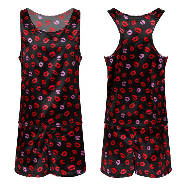 Men's Silk Satin Pajamas Set Vest Top and Boxer Shorts Sleepwear Home Loungewear