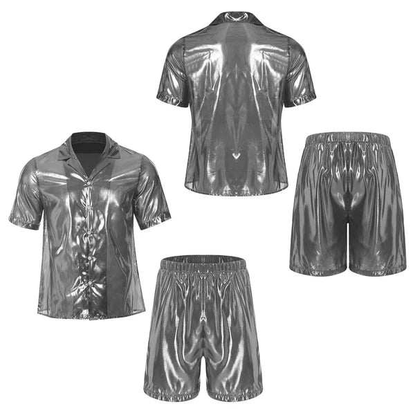 Men Shiny Glossy See-Through Metallic Chiffon Jumpsuit Bodysuit /Pajama Set