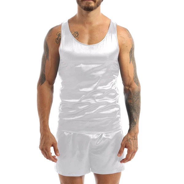 Men's Silk Satin Pajamas Set Vest Top and Boxer Shorts Sleepwear Home Loungewear