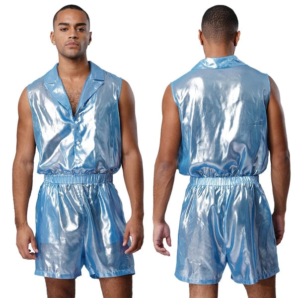 Men Shiny Glossy See-Through Metallic Chiffon Jumpsuit Bodysuit /Pajama Set