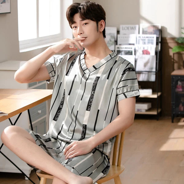 Short Sleeve Sleepwear Pjs Loungewear Pyjamas Charm Men's Silk Satin Pajamas Set