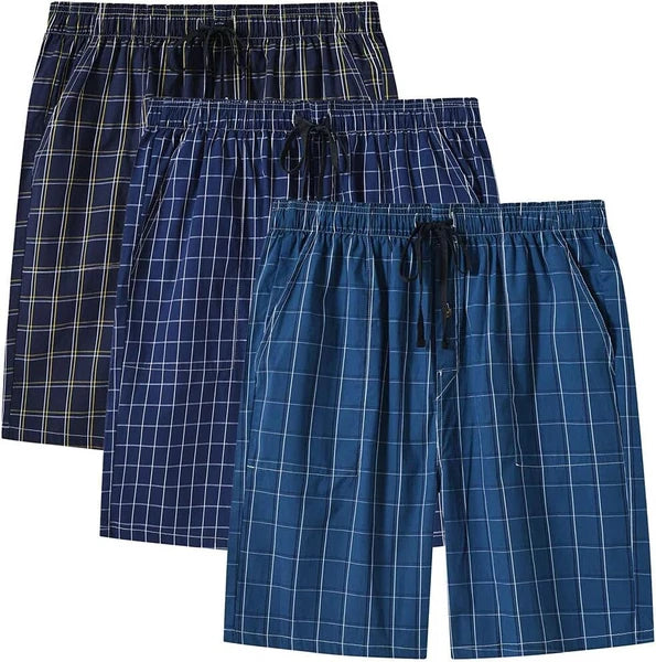 Men's Sleepwear Lounge Shorts 100% Cotton Plaid Pajama Bottoms Button Fly 3 Pack