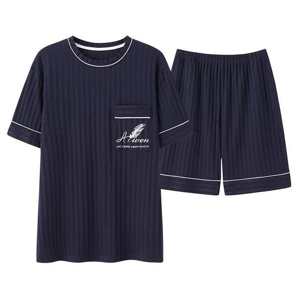 Men Pajamas Set Summer O-neck Vest Shorts Knitted Faux Cotton Pijamas Leisure US