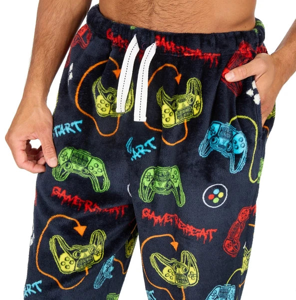 Mens Fleece Pyjamas Long Sleeve Pyjama Set Gamer Gaming Check Size S-XXL