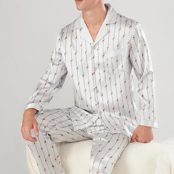 Men's 19MM 100% Pure Mulberry Silk Pajamas Set Long Sleeves Silk Sleepwear S~3XL