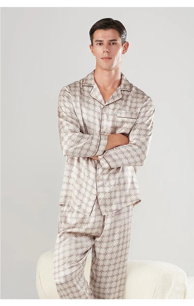 Men's 19MM 100% Pure Mulberry Silk Pajamas Set Long Sleeves Silk Sleepwear S~3XL