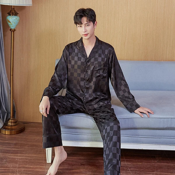 Luxury Mens Silk Satin Pajamas Set Soft Pyjamas Long Sleeve Sleepwear Loungewear