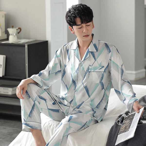 Men's Long Sleeve Satin Pajamas Set Luxury Button Down Pajama Pants Home Clothe