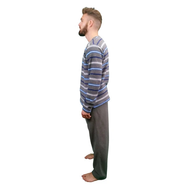 Mens Fleece Warm Soft Pyjamas Striped PJ Set Nightwear Nightsuit Pyjama S-4XL
