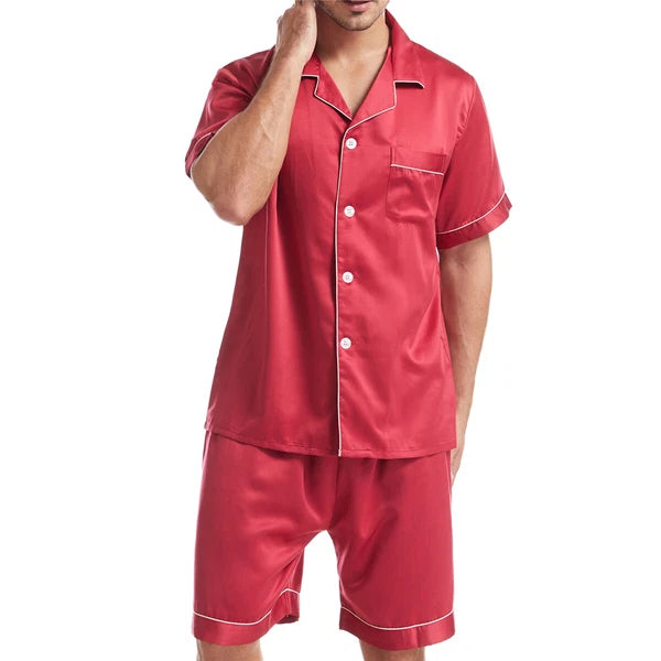 Men Satin Pajamas Set Shorts + Shirt Sleepwear Lounge Nightwear Buttons Outfit