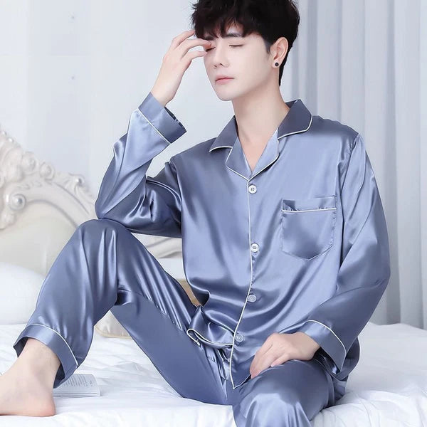 Mens Silk Satin Pajamas Set Top and Bottom Burgundy White sleepwear robes