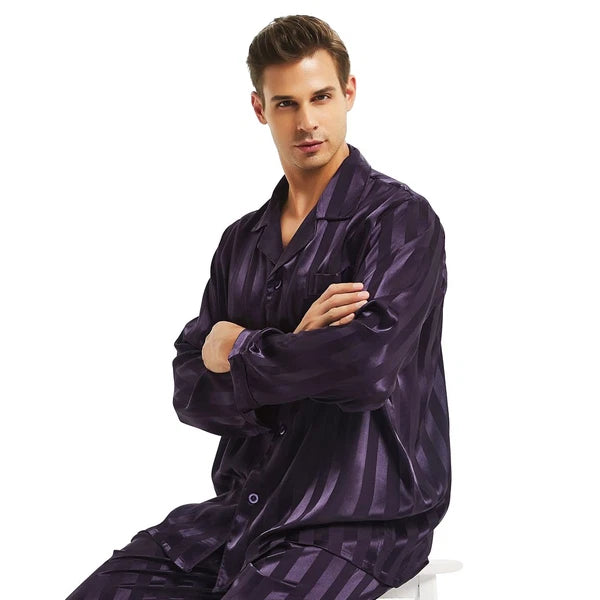 Mens Silk Satin Pajamas Sets Long Sleeves Pajamas Sleepwear Nightwear Loungewear
