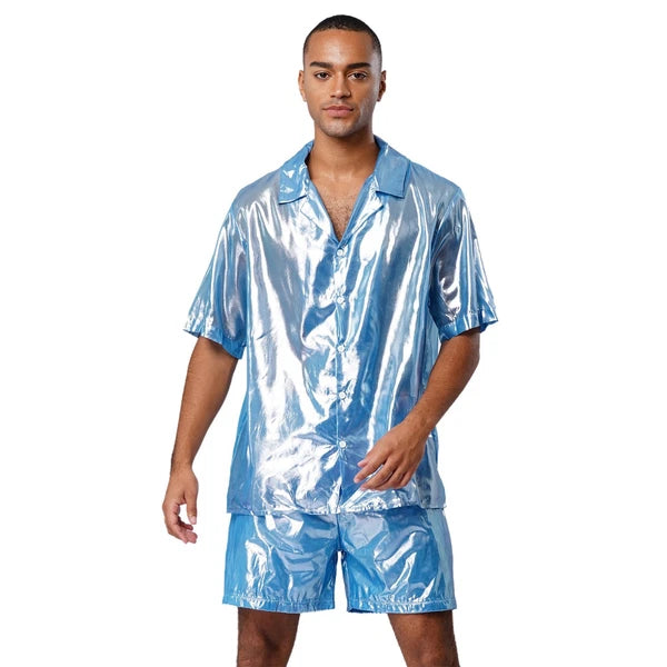 Men Shiny Glossy See-Through Metallic Chiffon Jumpsuit Bodysuit /Pajama Set