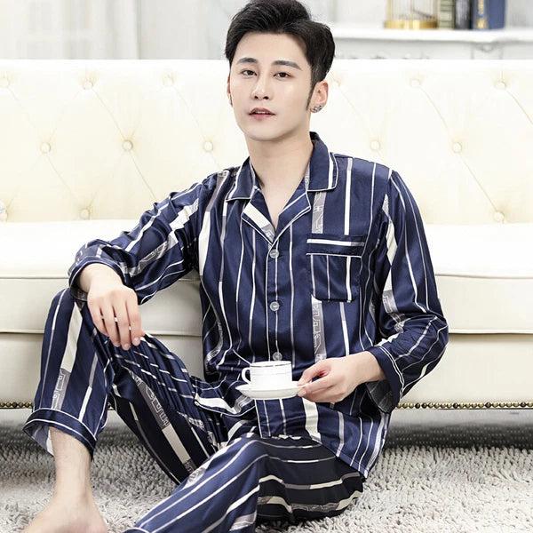 Luxury Mens Silk Satin Pajamas Set Soft Pyjamas Long Sleeve Sleepwear Loungewear