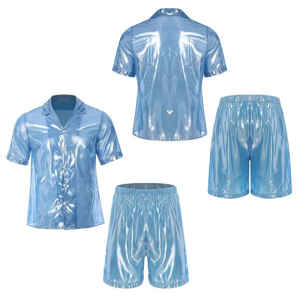 Men Shiny Glossy See-Through Metallic Chiffon Jumpsuit Bodysuit /Pajama Set