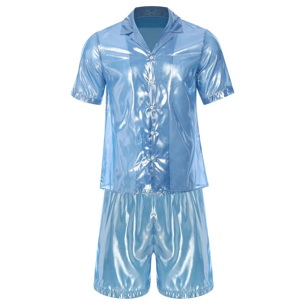 Men Shiny Glossy See-Through Metallic Chiffon Jumpsuit Bodysuit /Pajama Set