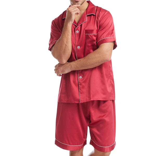 Men Satin Pajamas Set Shorts + Shirt Sleepwear Lounge Nightwear Buttons Outfit