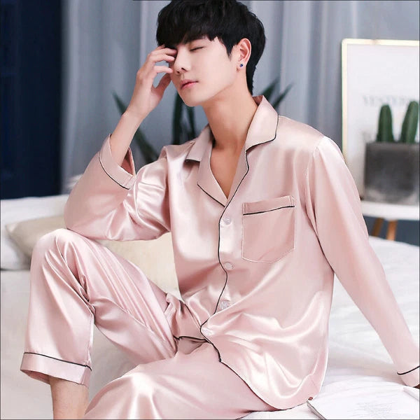Mens Silk Satin Pajamas Set Top and Bottom Burgundy White sleepwear robes