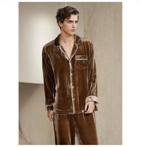 Men's Silk Velvet Pajamas Set Long Sleeves Silk Sleepwear  Camel S M L XL