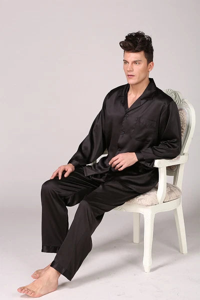 Men's Silk Satin Pajamas Pyjamas Set Long Sleeve Sleepwear Pijama Nightwear