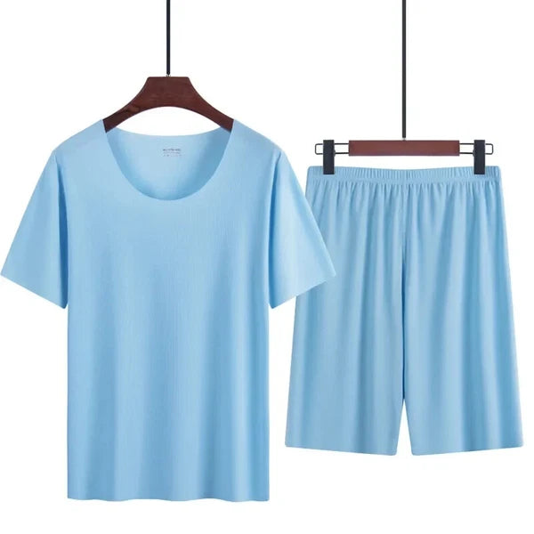 Men Two-piece Ice Silk Pajamas Loungewear Plus Size Home Set Summer Thin Modal