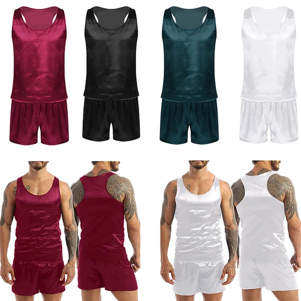 Men's Satin Pajamas Set Soft Silky Loungewear Nightwear Shirts Top with Shorts