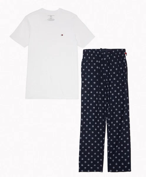 TOMMY HILFIGER POLPLIN COTTON SLEEPWEAR LOUNGE RED NAVY SET PAJAMA LARGE $65