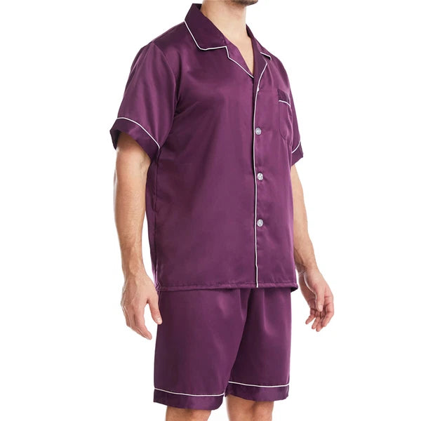 Men Satin Pajamas Set Shorts + Shirt Sleepwear Lounge Nightwear Buttons Outfit
