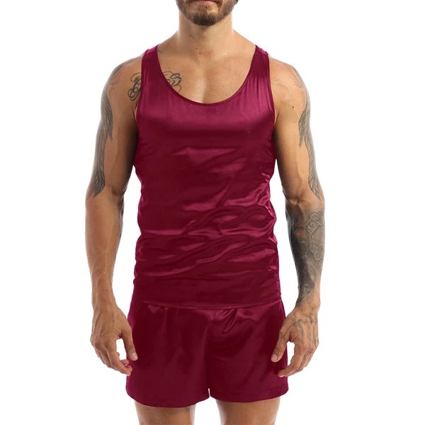 Men's Silk Satin Pajamas Set Vest Top and Boxer Shorts Sleepwear Home Loungewear